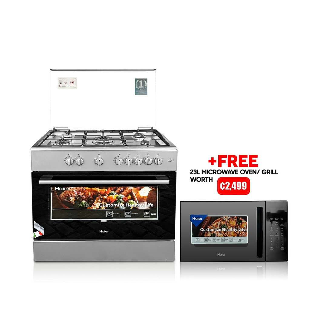 Haier 90x60cm Industrial 5 Burner Stainless Steel Gas Cooker with Oven, Grill & Rotisserie + FREE HAIER 29L MICROWAVE WITH GRILL
