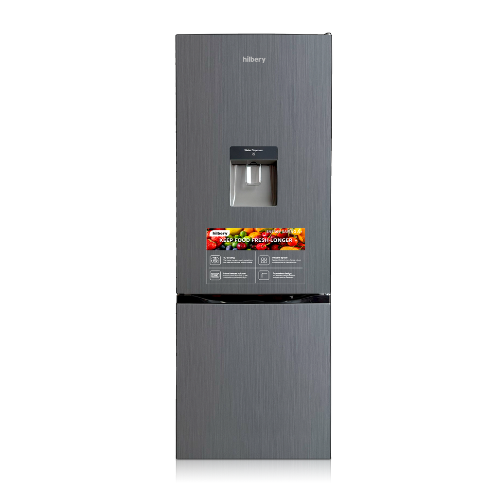 Hilbery 227 Ltr Double Door Bottom Freezer Fridge with Dispenser GREY & BLACK
