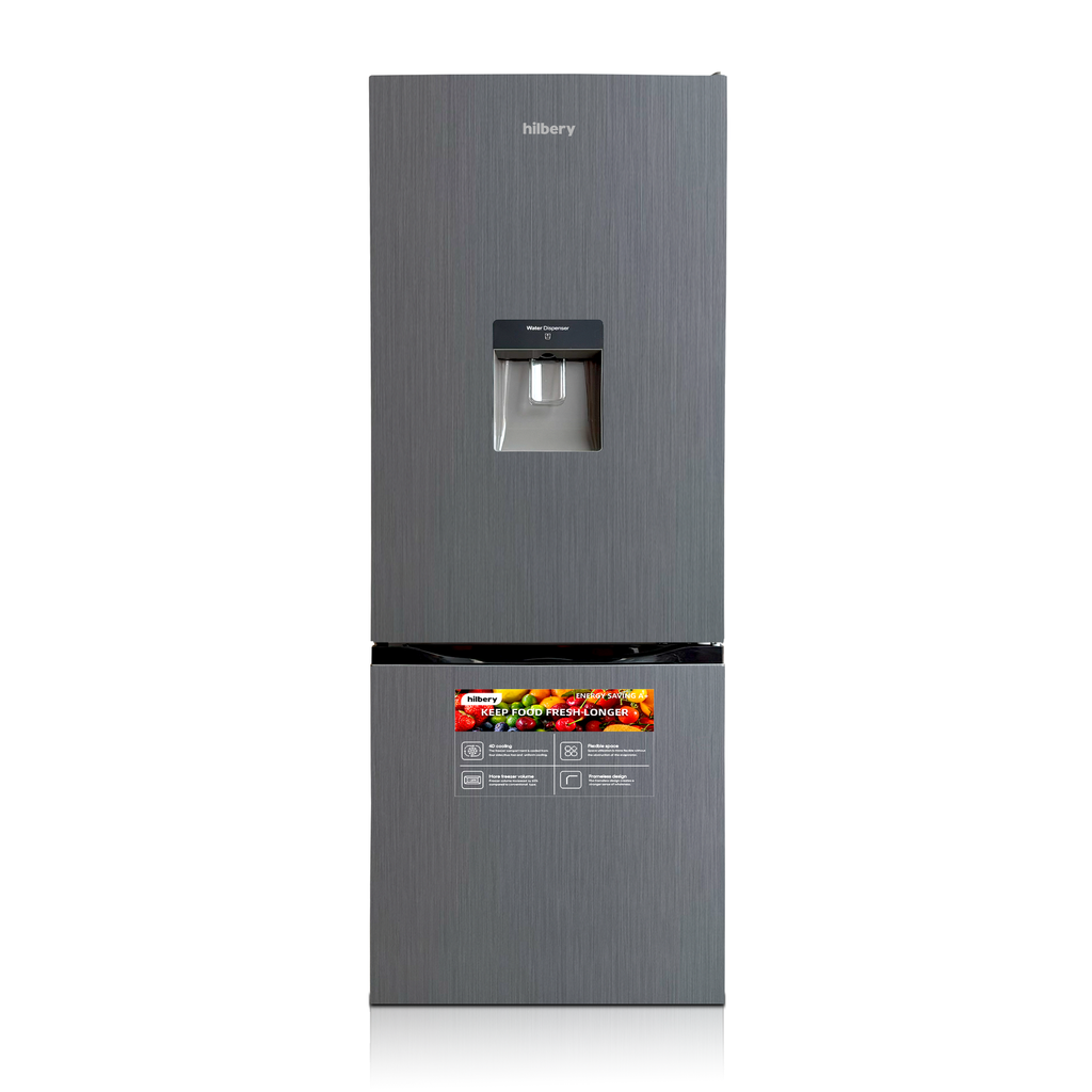 Hilbery 262 Ltr Double Door Bottom Freezer Fridge with Dispenser GREY & BLACK